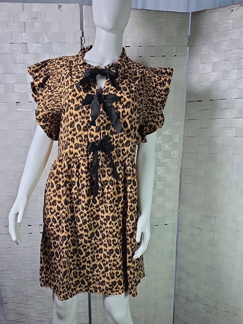 JODIFL Leopard Print Mini Dress with Black Bow Details
